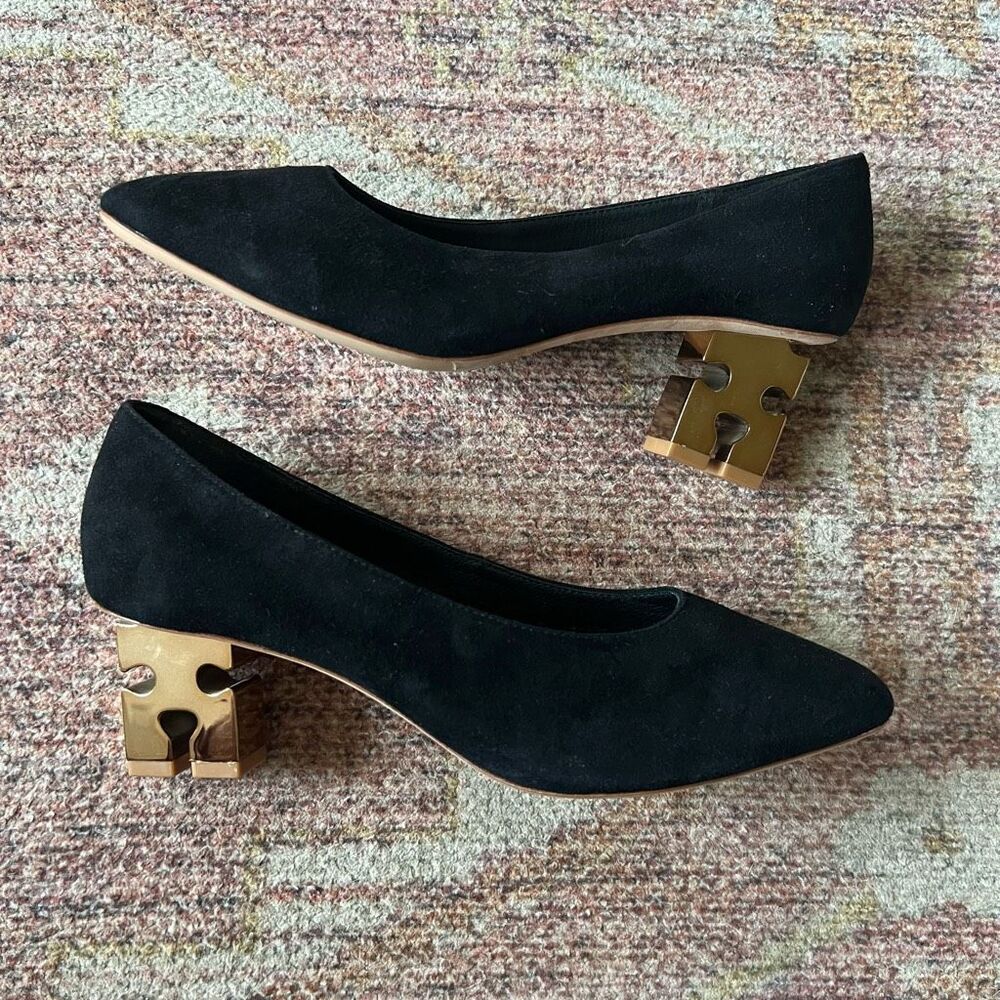 Charlotte Stone Black Suede Gold Heel Pumps